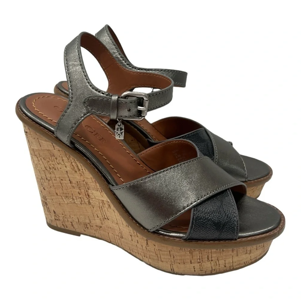 Coach Cross Band High Wedge Sandal size 8.5 B silver/tan